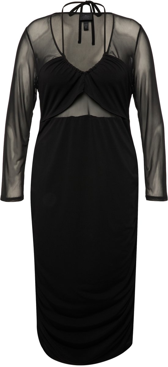 Ulla Popken Dames - Maxi-jurk inzetstuk van mesh slim V-hals lange mouwen - Zwart - Maat 54+