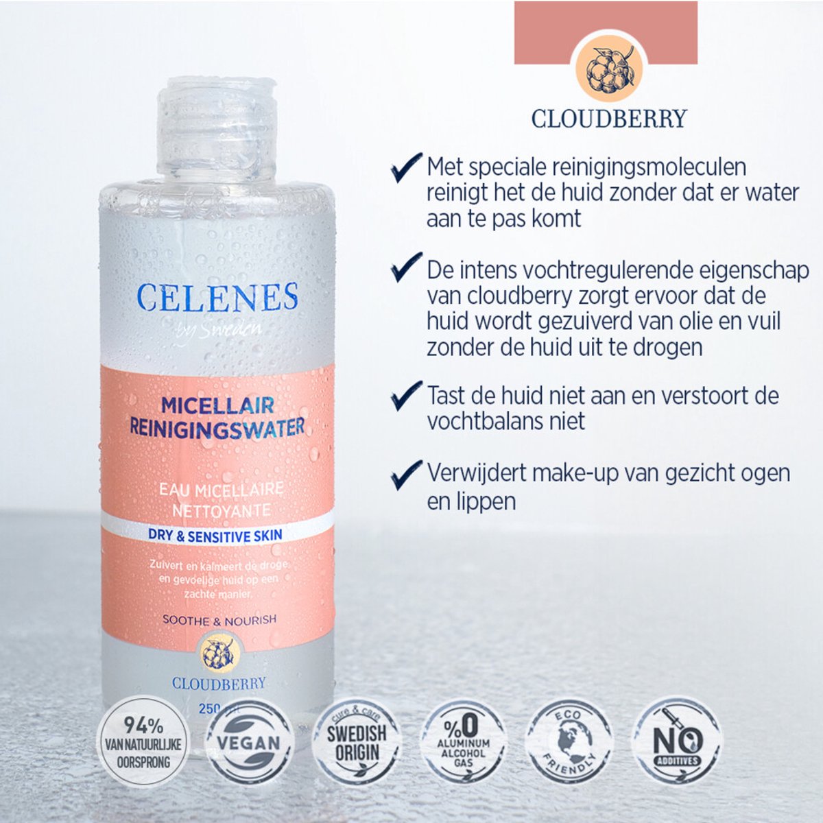 Celenes Bergbraam Micellair Reinigingswater Droge / Gevoelige Huid - 3 x 250 ml - Voordeelverpakking