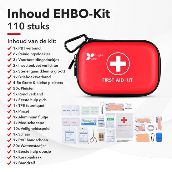 Inhoudsopgave van 110 stuks EHBO-kit met rode verbanddoos en uitgestalde inhoud, waaronder pleisters, verband, medische tape en een fluitje.