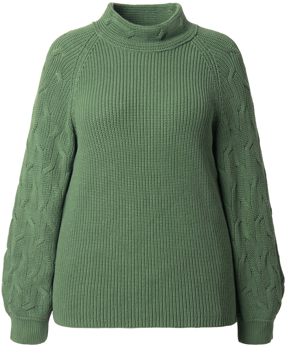 Ulla Popken - Dames - Pullover kabelmotief opstaande kraag lange mouwen - Mosgroen - Maat 42+