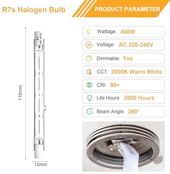 Set van 5 R7S halogeenlampen 118 mm 400 W Warmwit 2800 K voor ...