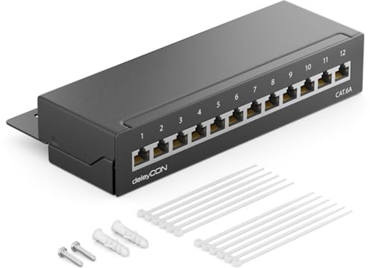 CAT 6a Patchpanel 12-Poorts - Desktop en Wandmontage - Volledig Afgeschermd Netwerkdistributiepaneel - 12x RJ45-Aansluitingen