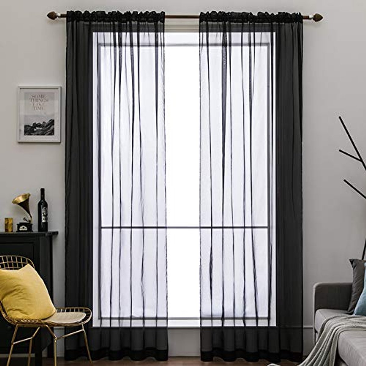 Transparante Voile Gordijnen Set van 2 | Luchtige Polyester Gordijnen met Stangzakken voor Slaapkamer en Woonkamer | Zwart 134 x 130 cm