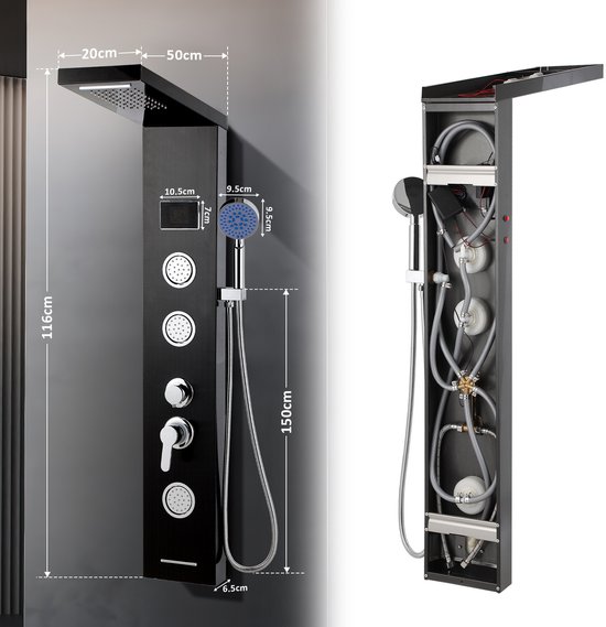 Afmetingen van zwart douchepaneel met display, regendouche, handdouche en massagejets. Achterkant toont interne leidingen.