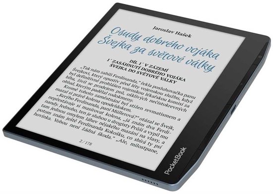 PocketBook Era Color e-reader met het boek 'Osudy dobrého vojáka Švejka za světové války'.