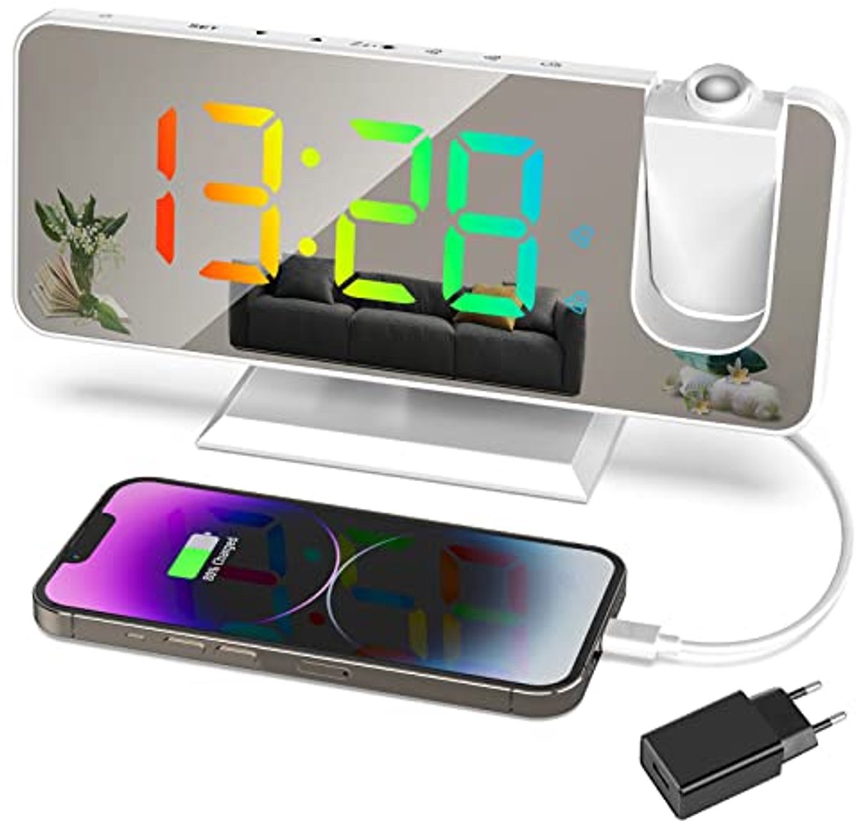 Plafondprojectiewekker met RGB-display, 7,5 inch, digitale klok, USB-poort, dubbel alarm
