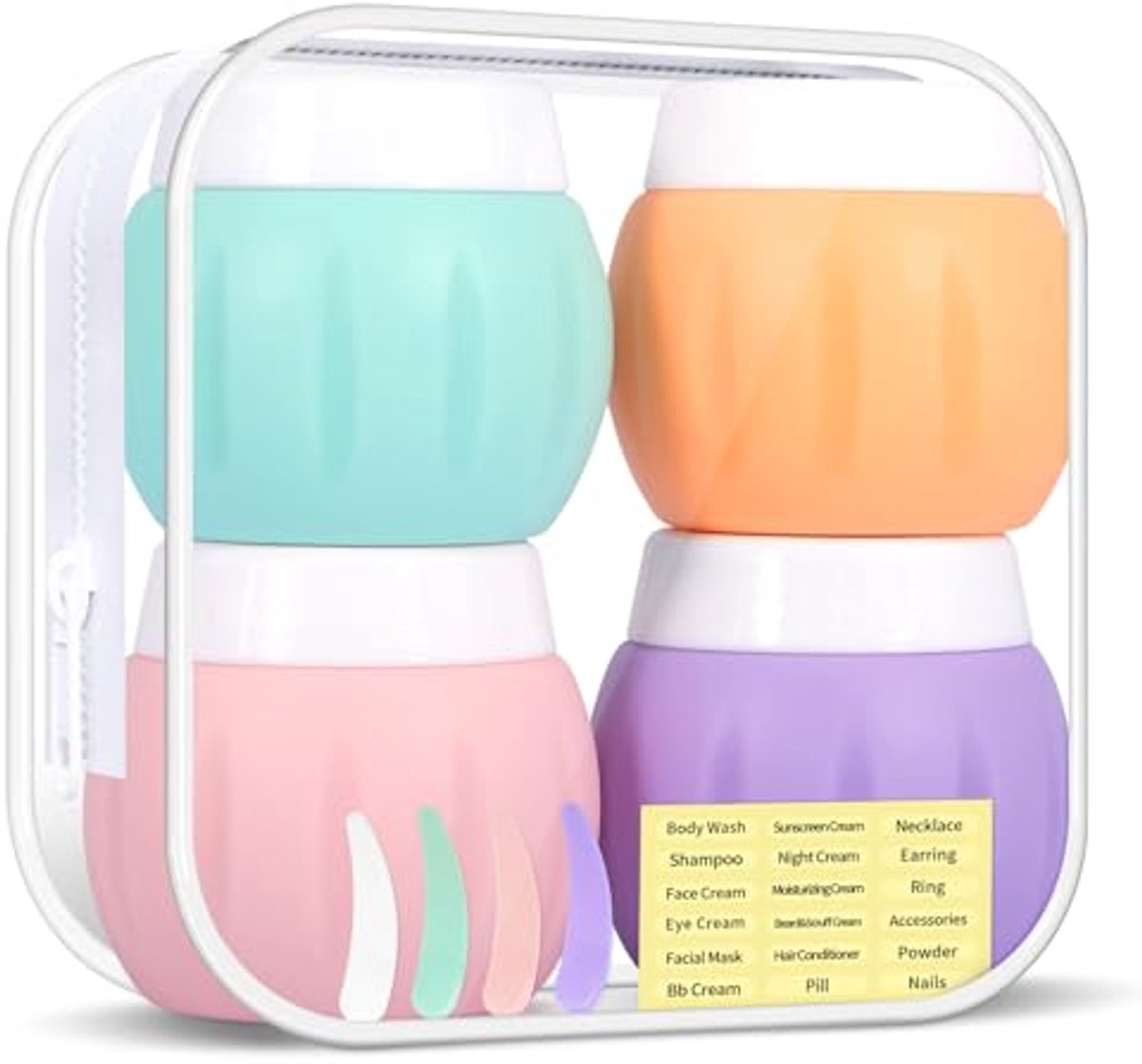 Image of 4 x 50 ml siliconen crèmepotjes set met lepel en etiketten voor cosmetica en reizen