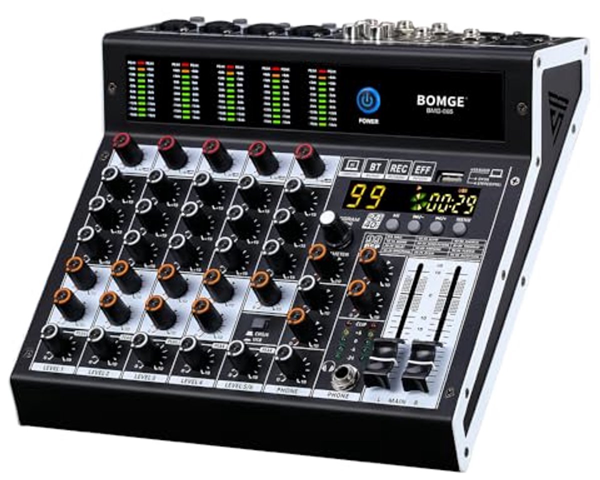 Professionele 6-kanaals audiomixer met DSP-effecten, Bluetooth en USB-interface voor studio- en live-opnamen