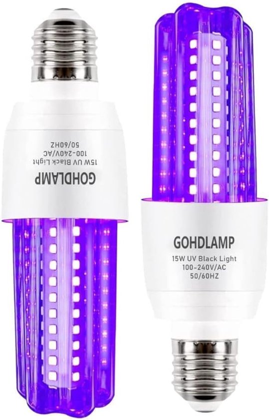 Twee GOHDLAMP 15W UV blacklight lampen met E27 fitting, lilac van kleur.