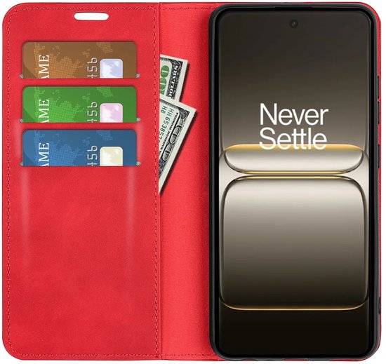 Rood portemonneehoesje met 3 kaartsleuven, een vak voor bankbiljetten en een OnePlus telefoon.