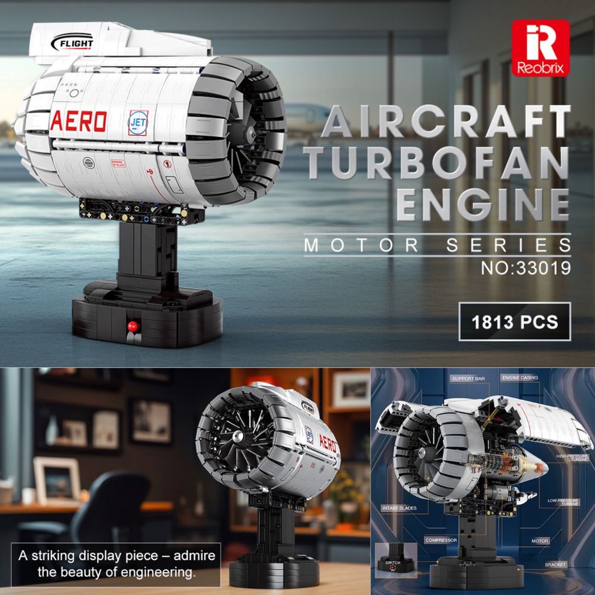 Reobrix - 33019 Vliegtuig Motor bouwset | Classic contructie modelbouw | Technische educatief speelgoed voor volwassenen | DIY creator motorisch decoratie geschikt voor Lego | Bouwdoos met 1813 bouwstenen — afbeelding 2