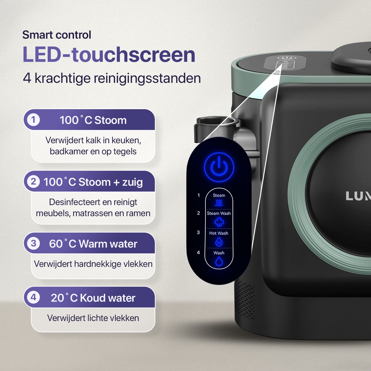 LUMAN 10 in 1 Tapijtreiniger PRO 1800W - 100°C Stoomfunctie en Zelfreinigend - Vlekkenreiniger - Stoomreiniger - Zetelreiniger - Reiniger voor bank, vloer, auto en tapijt - 7 Meter Snoer thumbnail 2