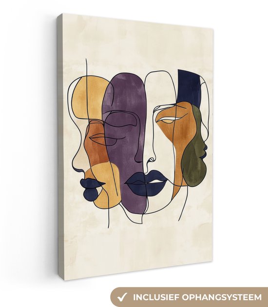 Visages abstraits en violet, ocre, vert foncé et bleu, sur fond crème. Système de suspension inclus.