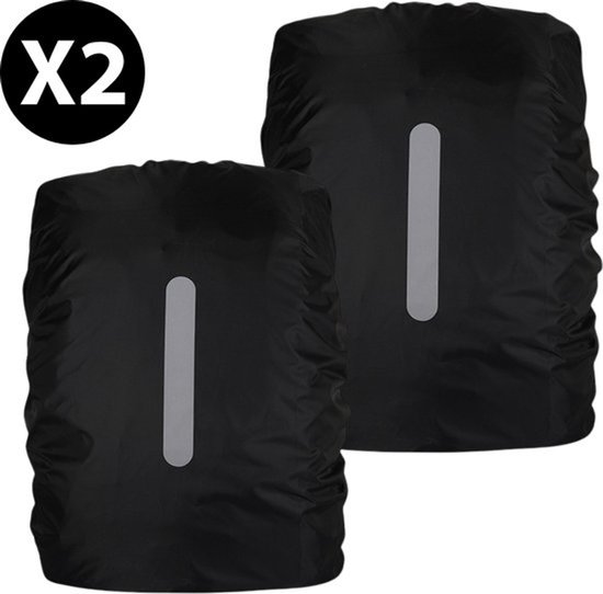 Twee zwarte rugzakhoezen met verticale reflecterende strips.