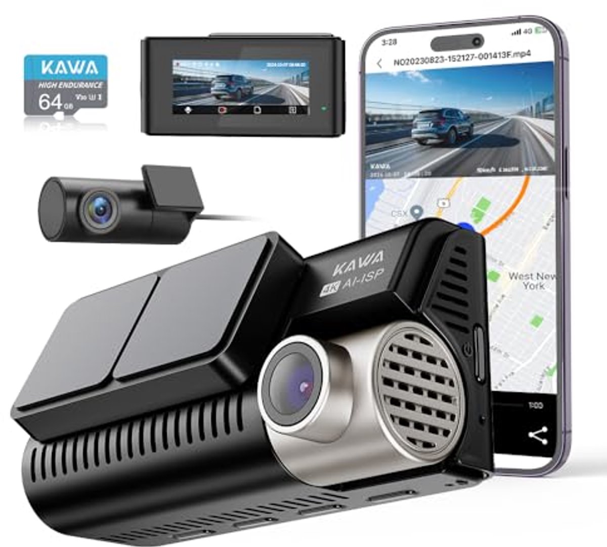 Dashcam 4K met Nachtzicht en GPS, 64GB SD Inclusief, 3,16" IPS Scherm, Continu Opnemen, Parkeerstand 24U
