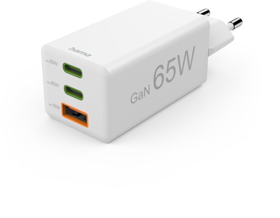 Hama 65W Snellader - 2x USB-C PD, 1x USB-A QC - mini - Wit