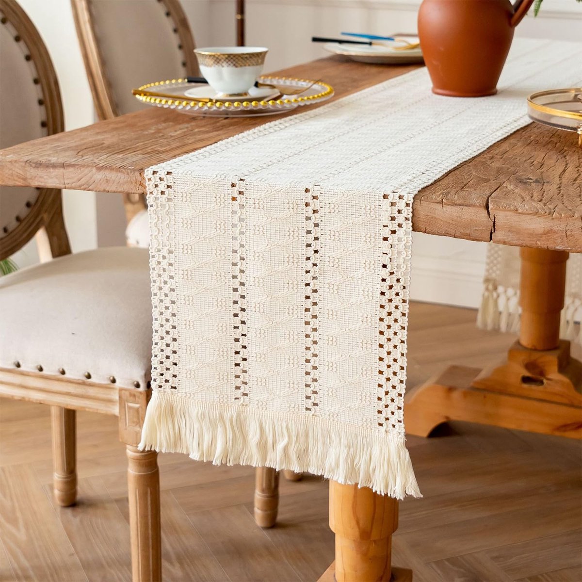 Azomor® Stijlvolle Macramé Tafelloper van Katoen en Linnen voor Bohemian Interieur