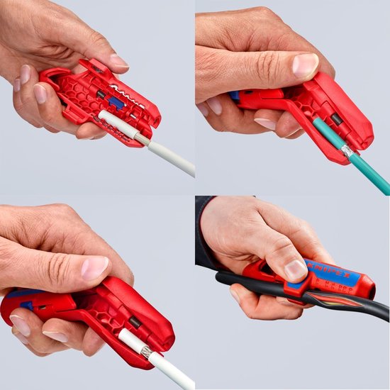 Collage van vier afbeeldingen die de rode kabelstripper met blauwe accenten in gebruik laten zien, met verschillende kabels.