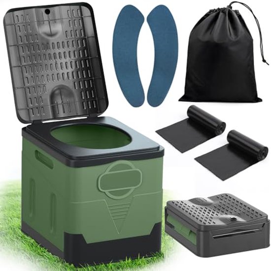 SaiXuan Toilette Portable – 25L Capacité, Supporte Jusqu'à 150KG, WC Portable avec 24 Sacs Jetables, Sac de Transport & Coussin, pour Camping, Randonnée, Camping-Car (Gris Noir