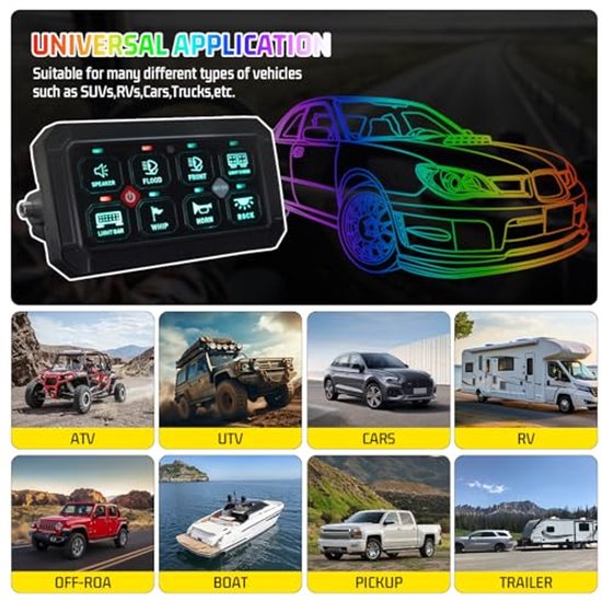 Chelhead RGB 8 gang schakelpaneel met app-bediening, intelligente achtergrondverlichting 12 V universele led-achtergrondverlichting, multifunctioneel, waterdicht maritieme schakelpaneel 8 gang