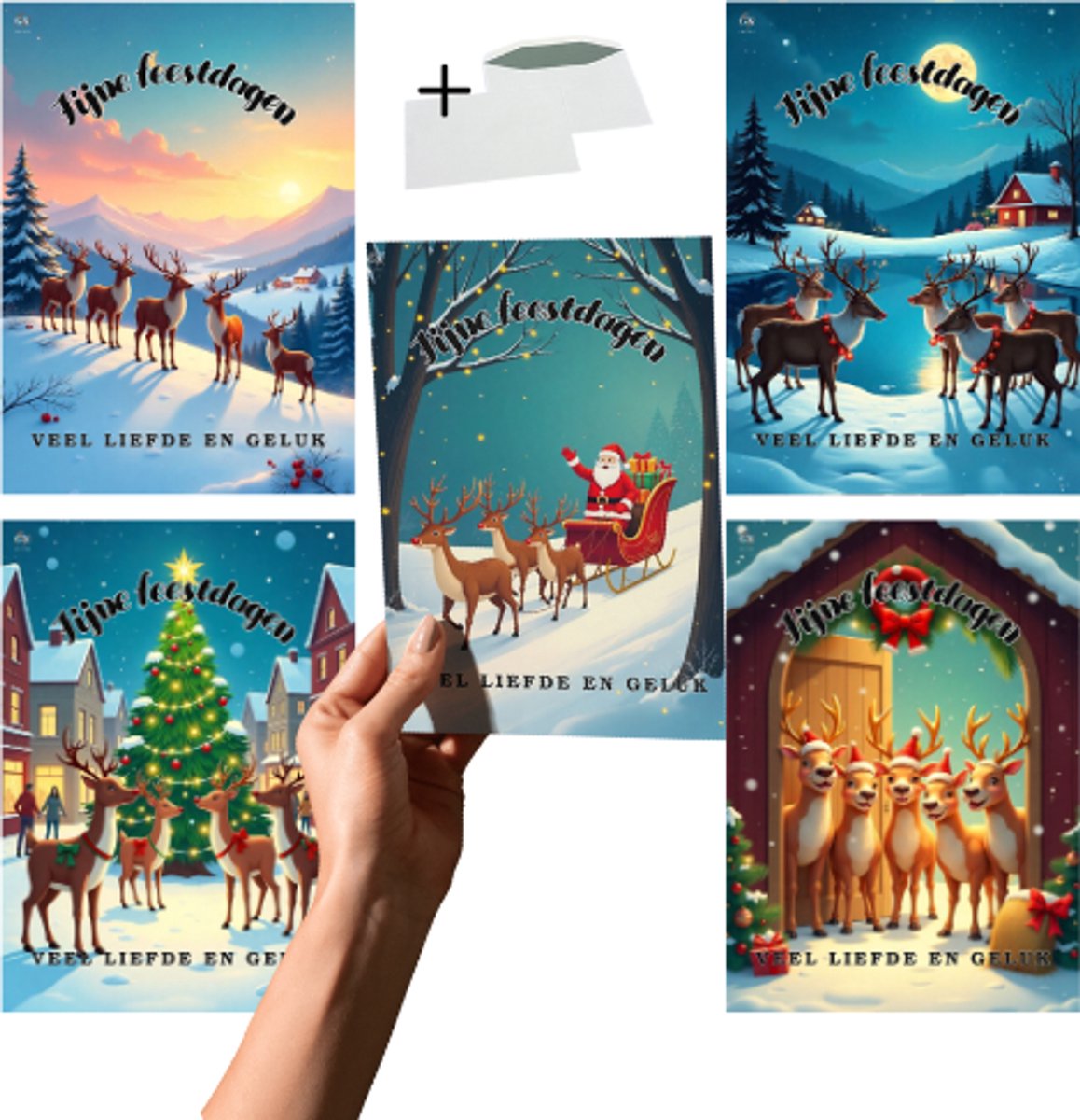Grand X - Kerstkaart - Rendieren - 5 Kaarten - Inclusief Enveloppen - A6 Formaat - Kerstkaarten Met Enveloppen