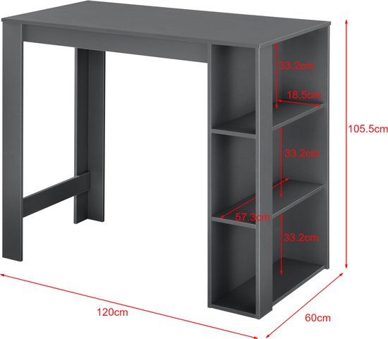 Donkergrijze bartafel, 120x60x105,5 cm, met 3 planken aan de rechterkant.
