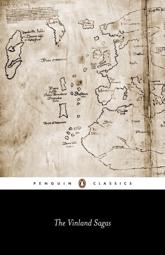 Een oude, vergeelde kaart met Vikinggeïnspireerde illustraties en tekst. Titel: The Vinland Sagas.