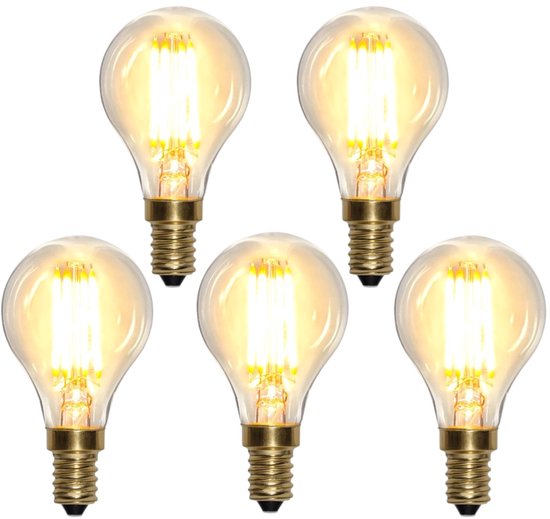 Cinq ampoules à globe à intensité variable avec verre transparent et douille en laiton, culot E14.