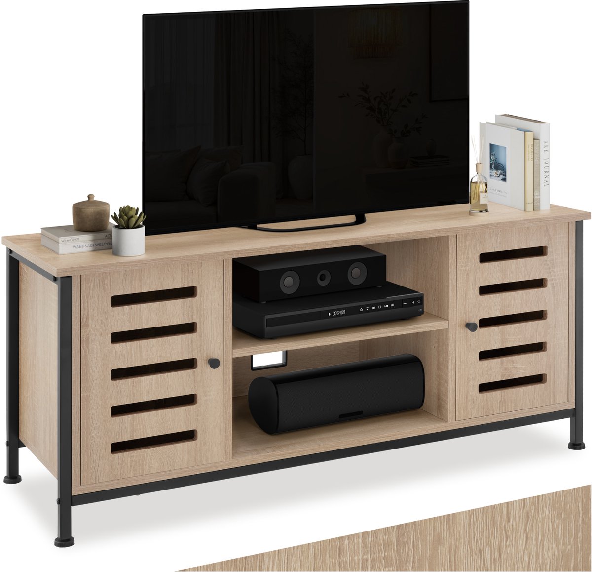Tectake TV-meubel - TV Kast met 2 Deuren en 2 vakken - Lowboard voor TV's tot 55 Inch - Houten TV-dressoir met kabeluitsparingen - Industrieel design - Zwart metalen frame - Afmeting (LxBxH) 110 x 41,5 x 50,5 cm - Lichtbruin
