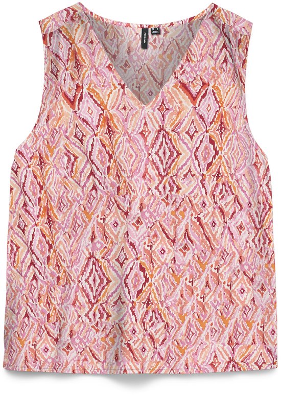 Haut VERO MODA sans manches à col en V avec un imprimé géométrique rose, orange et rouge.