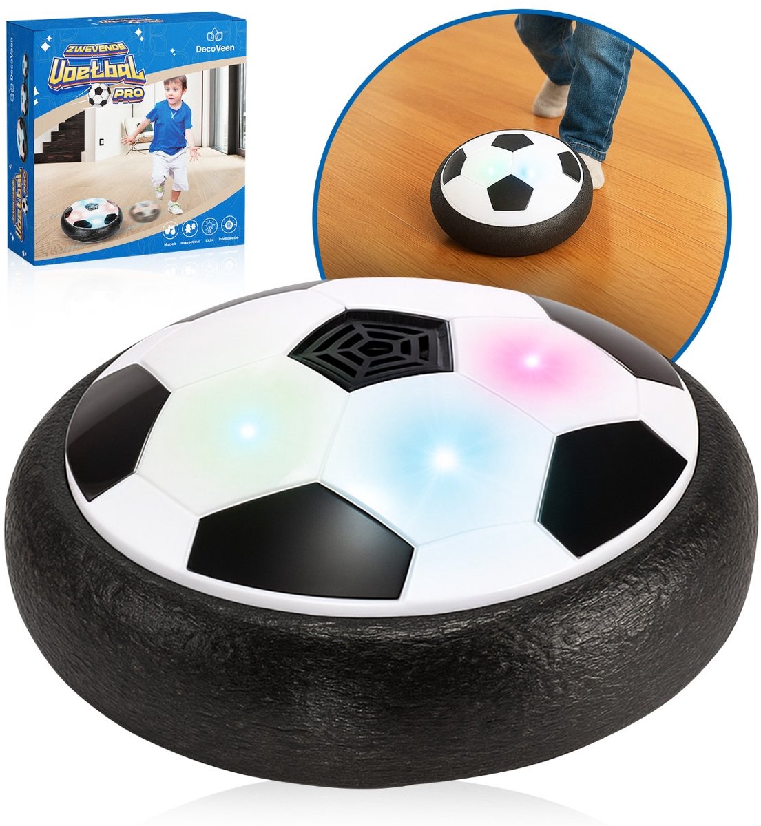 Decoveen Zweefvoetbal - Binnen Voetbal - Zwevende Voetbal - Led Verlichting - 18 CM - Oplaadbaar - Zwevende Air Voetbal - Voetbal Met Verlichting - Voor Binnen