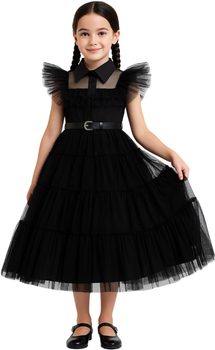 Joya Kids® Gotische Verkleed Jurk Kind | Halloween Verkleedjurk Meisje | Zwarte Tule Jurk met Riem | Gothic Verkleedkleding Kind | Horror Films Kostuum | Family Kostuum | Maat 120