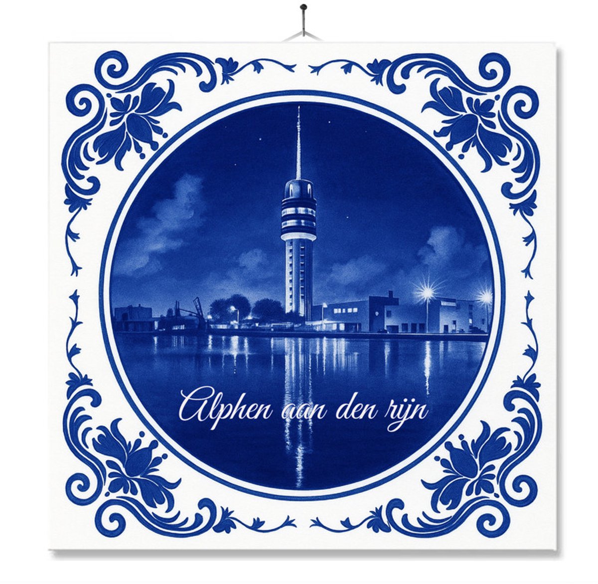 Tegel Met Opdruk | Alphen Aan Den Rijn | Delft Blauw | Cadeau | Inclusief Geschenkdoos | Standaard | Ophangsysteem