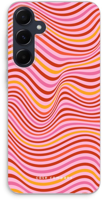 Roze telefoonhoes met golvend streepjespatroon in roze, rood en oranje
