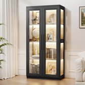 BROTTAR boekenkast zwart met glazen deuren, 4 planken, 3-kleuren LED-verlichting, bewegingssensor, soft-close scharnier en magneetslot, vitrinekast voor woonkamer, kantoor en slaapkamer