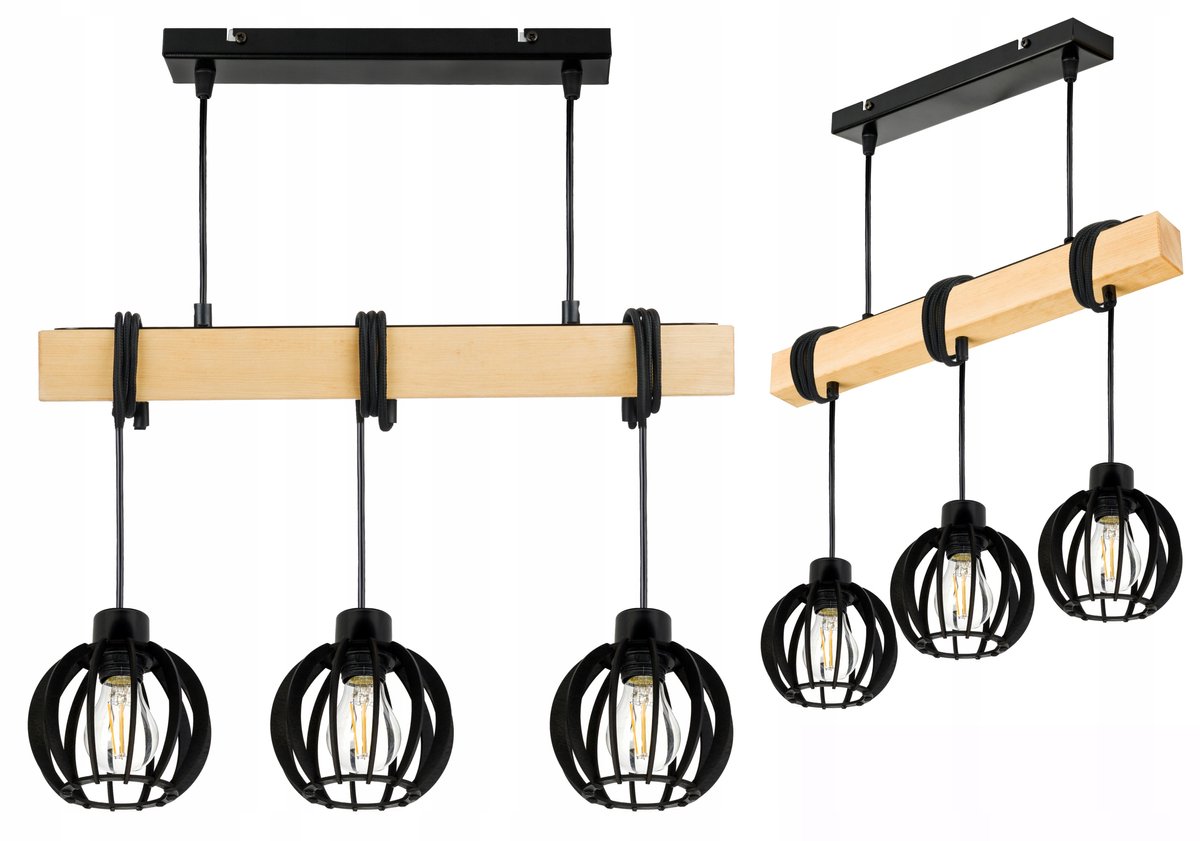 Hanglamp Loft Zwart Hout E27 - 3 Lampenkappen