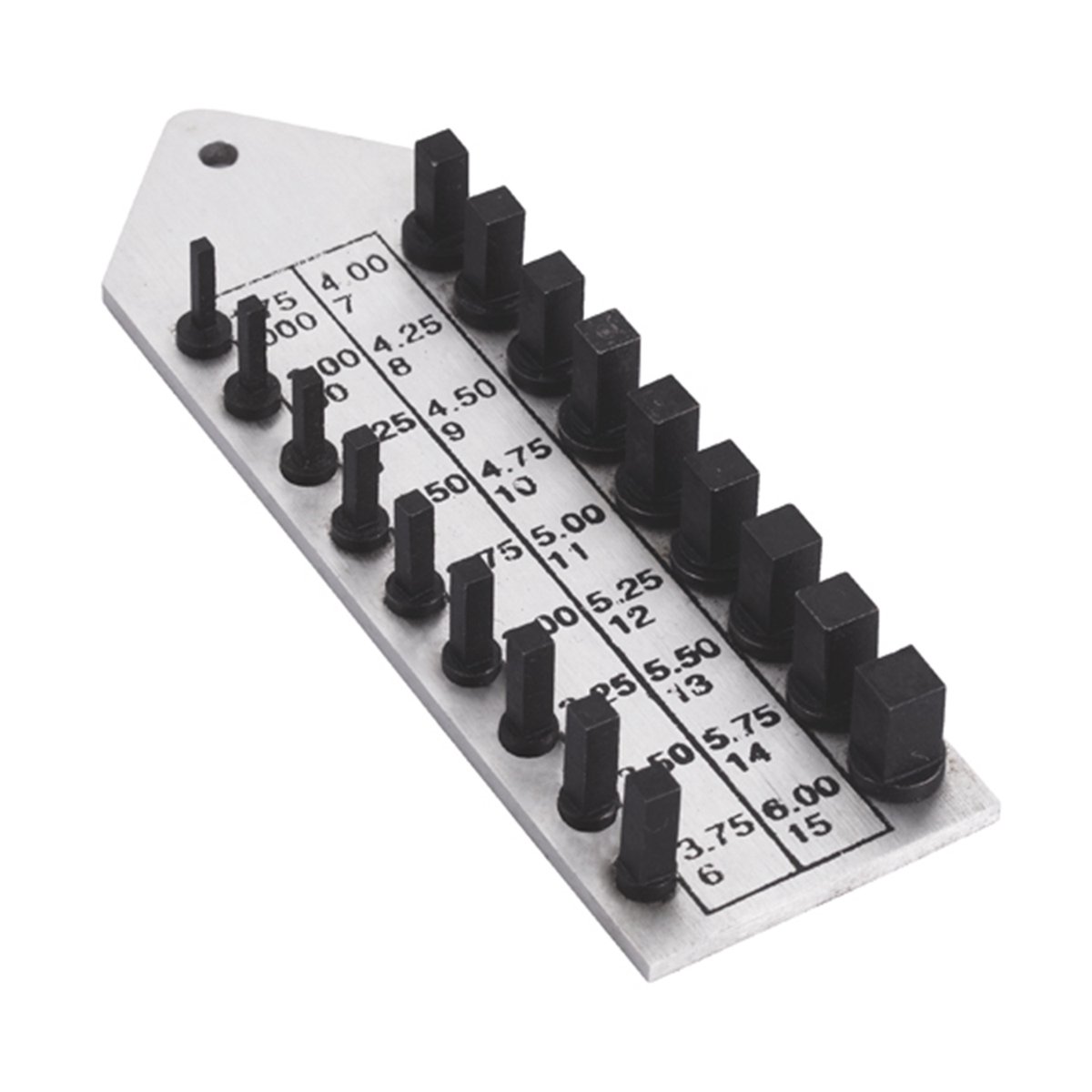 Meetinstrument voor het opwinden van sleutels, meettafel met 18 sleutelmaten van 000 tot 18, om op te hangen
