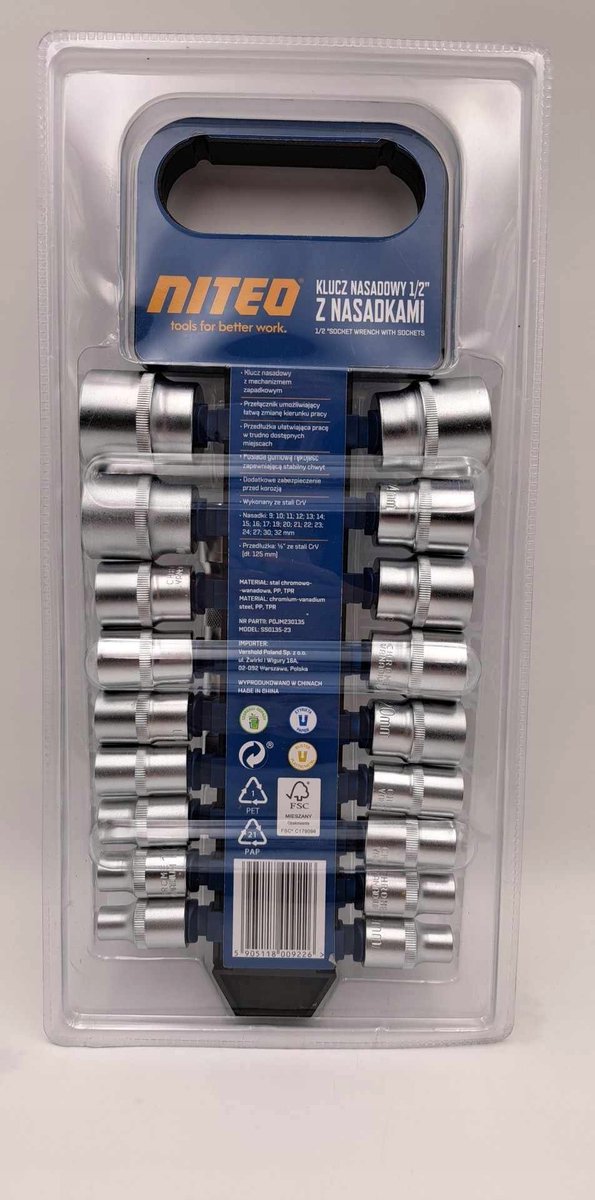 Niteo 1/2" Ratel Sleutelset met 18 Doppen en Verlengstuk