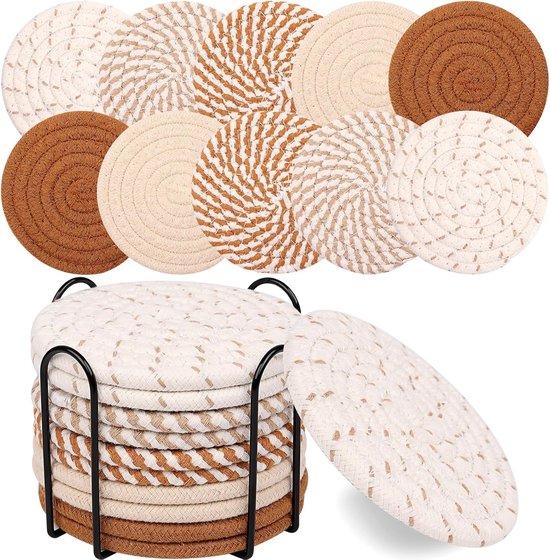 Set de 10 Sous-verres ronds avec support - Sous-verres -verres isolants thermiques en coton tressé antidérapant - Pour Verres - Convient aux boissons, bars, tasses et tables - Kaki/ Wit
