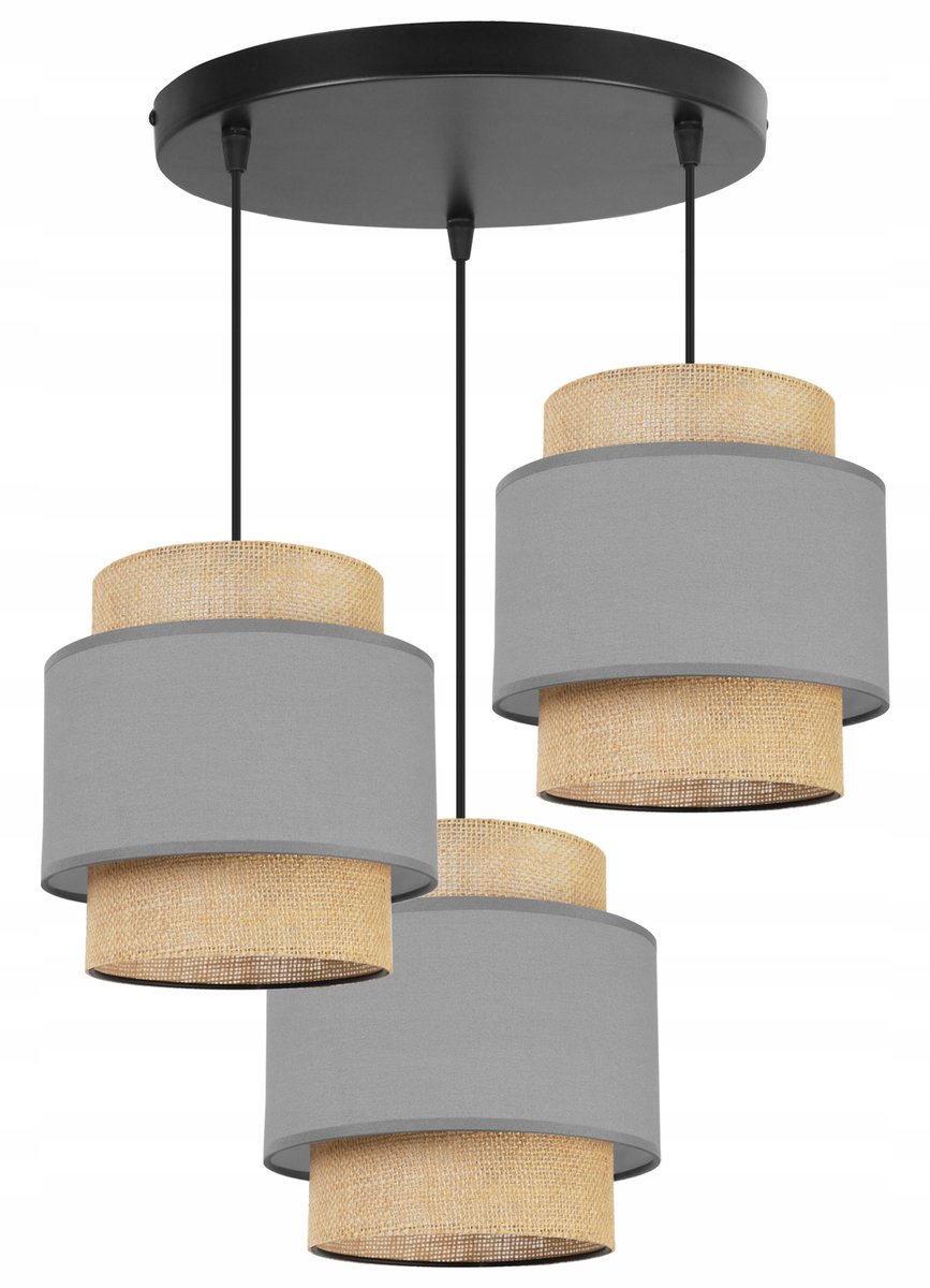 Boho Hanglamp Jute Stof Kap Zwart/Beige/Grijs - 3xE27