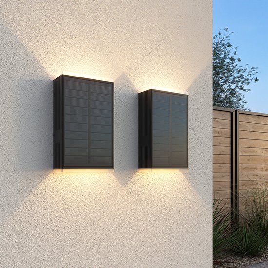 HOFTRONIC 2x Jovi Solar LED Wandlamp - Incl. Schemerschakelaar - Up & Down light - 2700K warm wit - Zwart - IP65 waterdicht - 70 lumen - Solar schutting verlichting