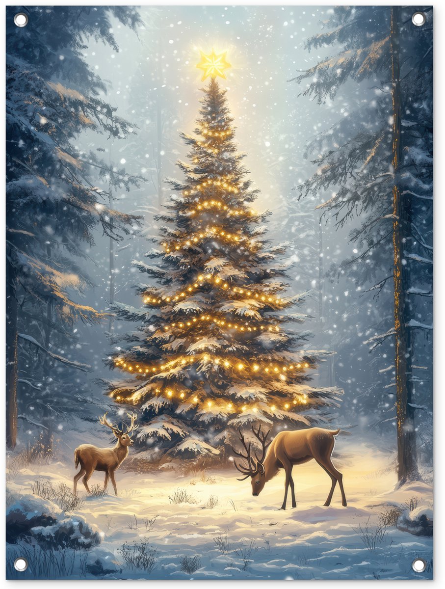Tuinposter 60x80 cm - Tuindecoratie Kerstlicht - Woud - Hert - Donker - Poster voor in de tuin - Buiten decoratie - Schutting tuinschilderij - Tuindoek muurdecoratie - Wanddecoratie balkondoek