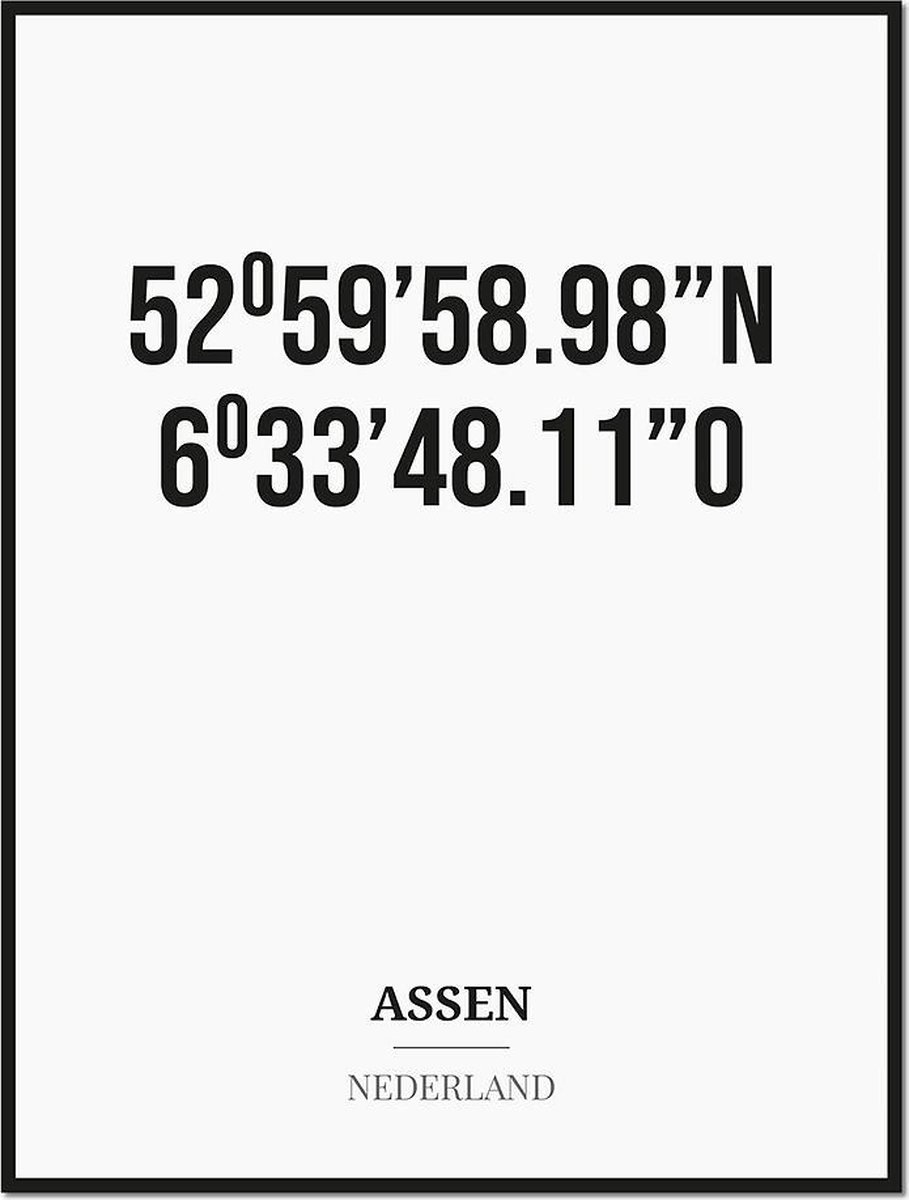 Studio216 Poster/kaart ASSEN met coördinaten zwart, wit