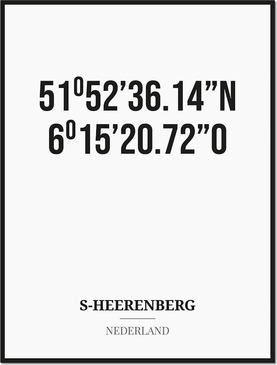 Studio216 Poster/kaart S-HEERENBERG met coördinaten zwart, wit