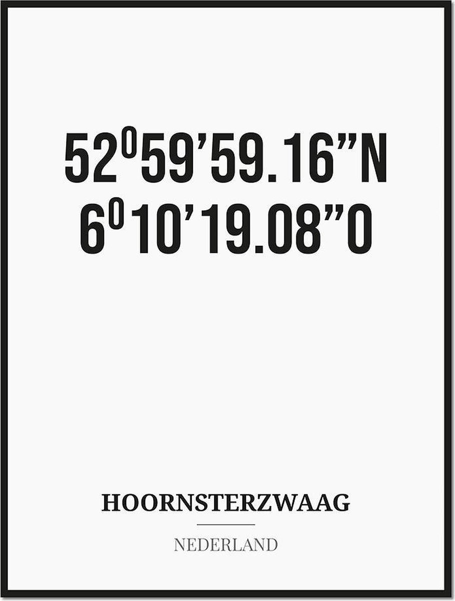 Studio216 Poster/kaart HOORNSTERZWAAG met coördinaten zwart, wit