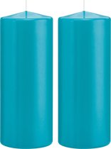 2x Turquoise blauwe cilinderkaarsen/stompkaarsen 8 x 20 cm 119 branduren - Geurloze kaarsen turkoois blauw - Woondecoraties