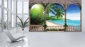 Fotobehang - Vlies Behang - Uitzicht op het Tropische Paradijs vanaf het Terras - 3D - Palmbomen - Strand - Zee - 312 x 219 cm