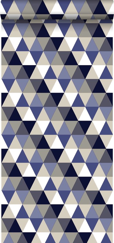 ESTAhome behangpapier driehoekjes donkerblauw, grijs en beige - 138716 - 53 cm x 10,05 m