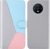 Voor OnePlus 7T Tricolor stiksels Horizontale Flip TPU + PU lederen tas met houder & kaartsleuven & portemonnee (grijs)