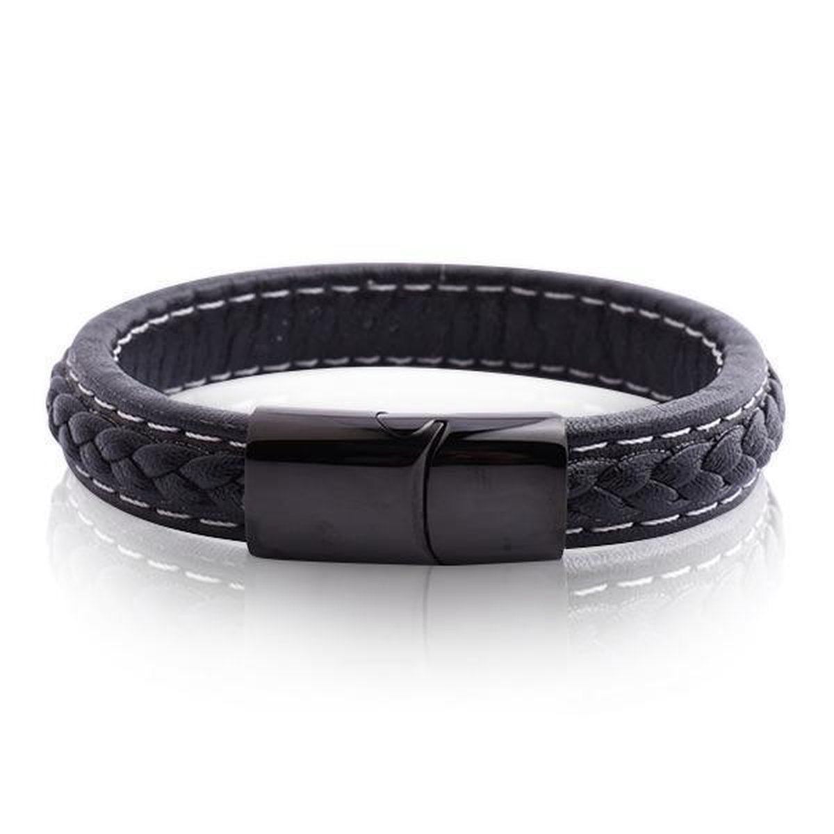 Armband Heren - Armband Mannen - Armband Dames - Heren Armband - Armband - Leer met Zwarte Schakel - Leron